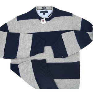 NEW Tommy Hilfiger Lambswool Sweater! M  Navy & Gray Stripe  Tommy Flag  Heavier